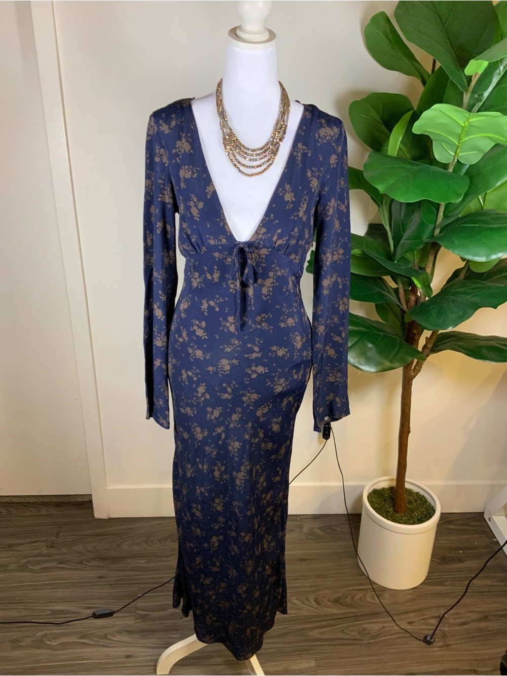 Zara Navy Maxi Dress with Gold Floral Print